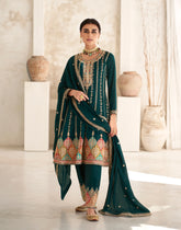 Exclusive Green Pure Silk Designer Flared Salwar Suit with Detailed Embroidery | Salwar Kameez | Designer Dress